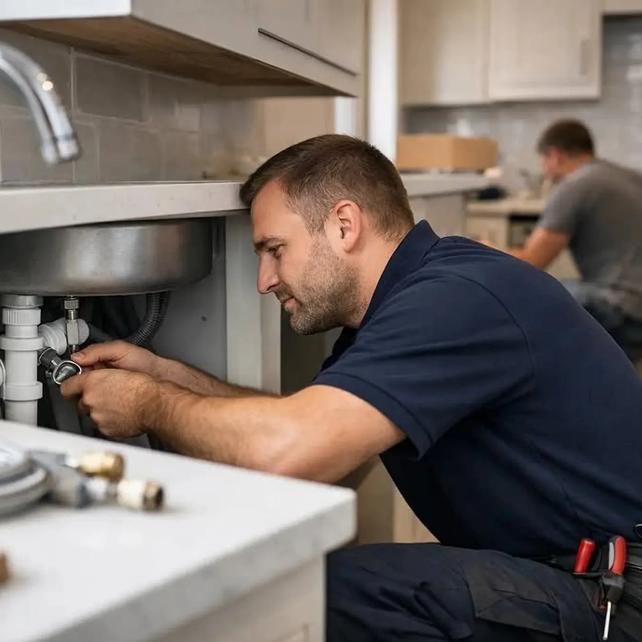 plumber fixing kitchen sink pipes